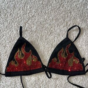 SHEIN Black Bralette with Red and Gold Rhinestone Flame Design